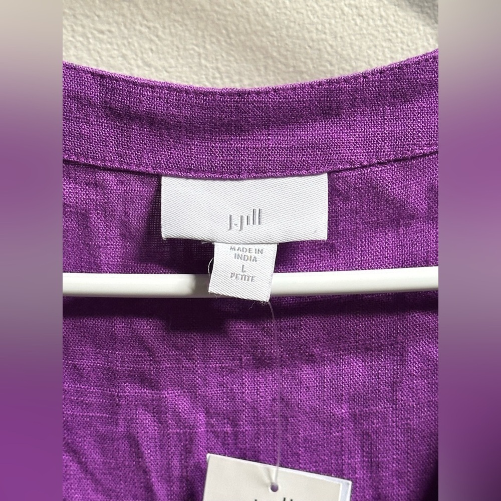 NEW‎ J.Jill Linen Blend Balloon Sleeve Button Front Purple Midi Dress Women’s LP - Picture 7 of 11